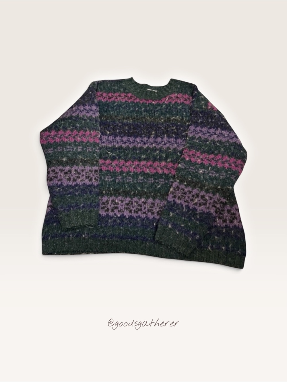 VINTAGE NY Jeans XL Fair Isle Wool Blend Sweater 90s Green Purple Grandpa Knit